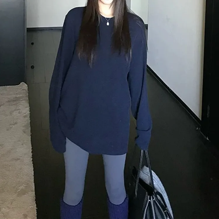 百搭好穿舒适秋冬德绒保暖打底衫女休闲慵懒宽松圆领长袖T恤上衣