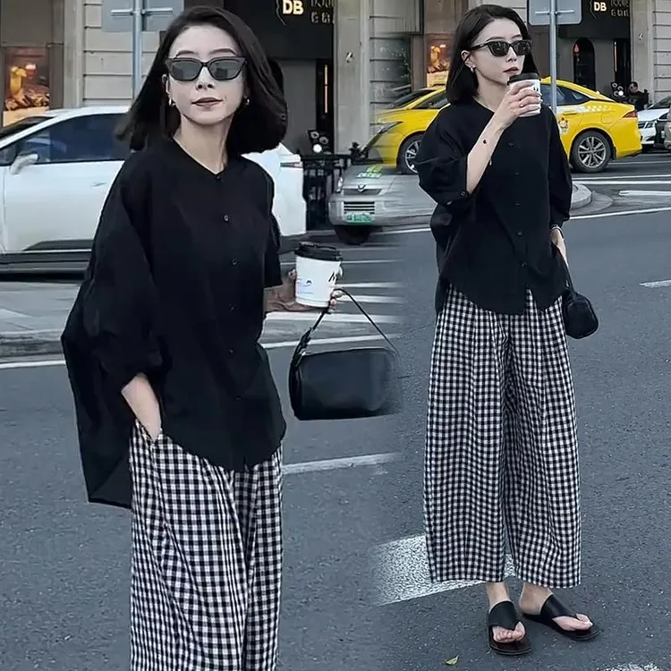 时尚休闲套装女2025春季新款宽松显瘦遮肉衬衫格子阔腿裤两件套潮