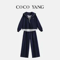 秋季女童针织套装休闲时尚假两件翻领卫衣+直筒裤两件套-SA043