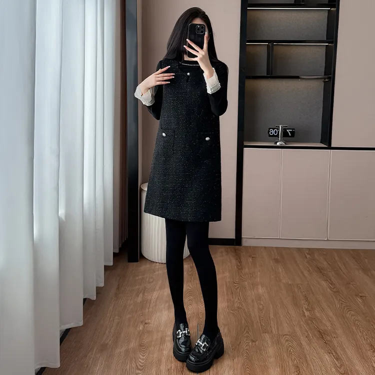 法式优雅气质小香风背心连衣裙套装女2025秋冬新款花边内搭两件套