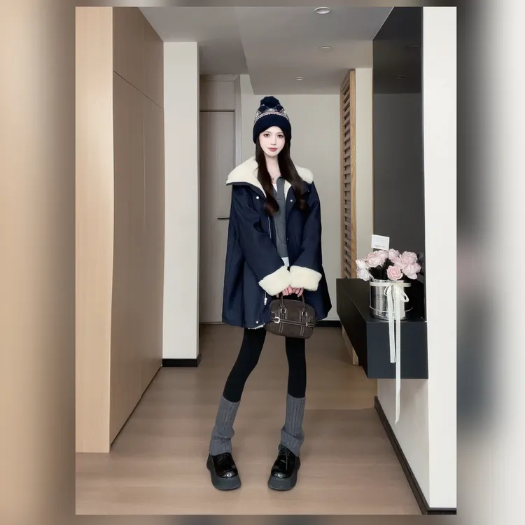 松本丧丧秋冬氛围牛仔蓝羊羔毛领工装外套 加绒宽松保暖B254O0173