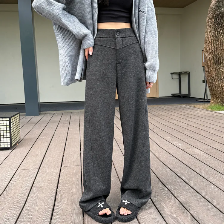 窄版毛呢裤女秋冬季加绒2025新款高级灰色垂感宽松阔腿裤休闲裤子