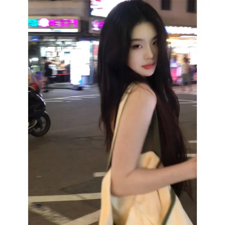 美式辣妹u领工字吊带背心女夏季休闲套装抽绳高腰阔腿长裤两件套