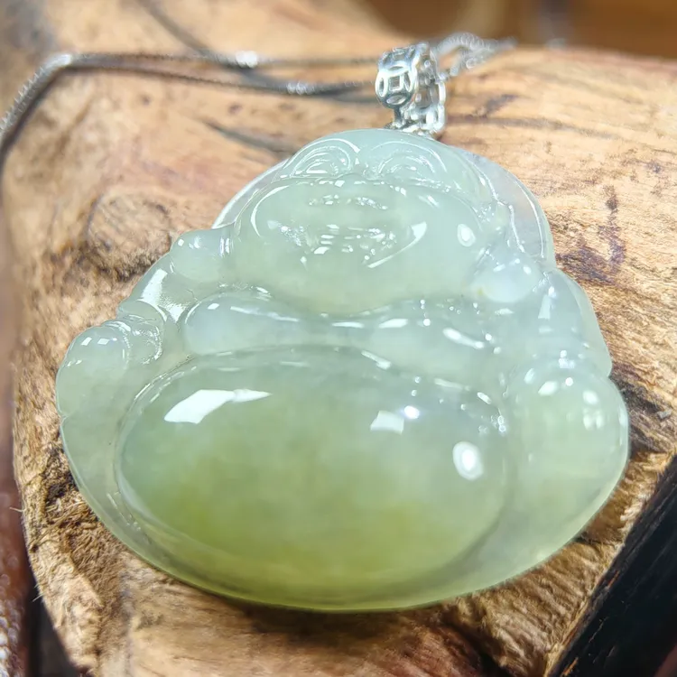 925银镶缅甸A货翡翠冰黄佛公吊坠男女款带证书