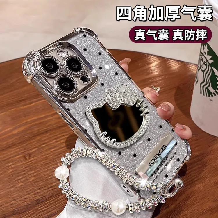 波点KT猫镜子手机壳适用于苹果16/oppo华为vivo电镀防摔网红流行