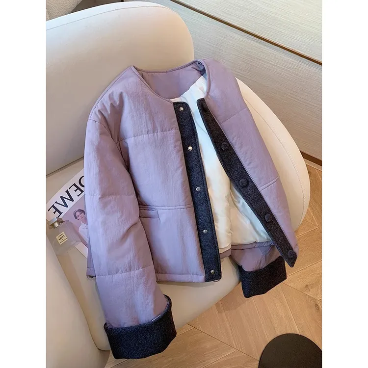 设计感重工别致拼色圆领棉服外套女秋冬法式简约百搭毛呢拼接上衣