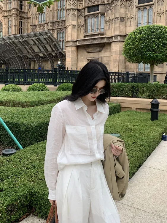 Ah·Jing梓静【拉夫美学】衬衫上衣微透薄款设计感小众长袖衬衣0889