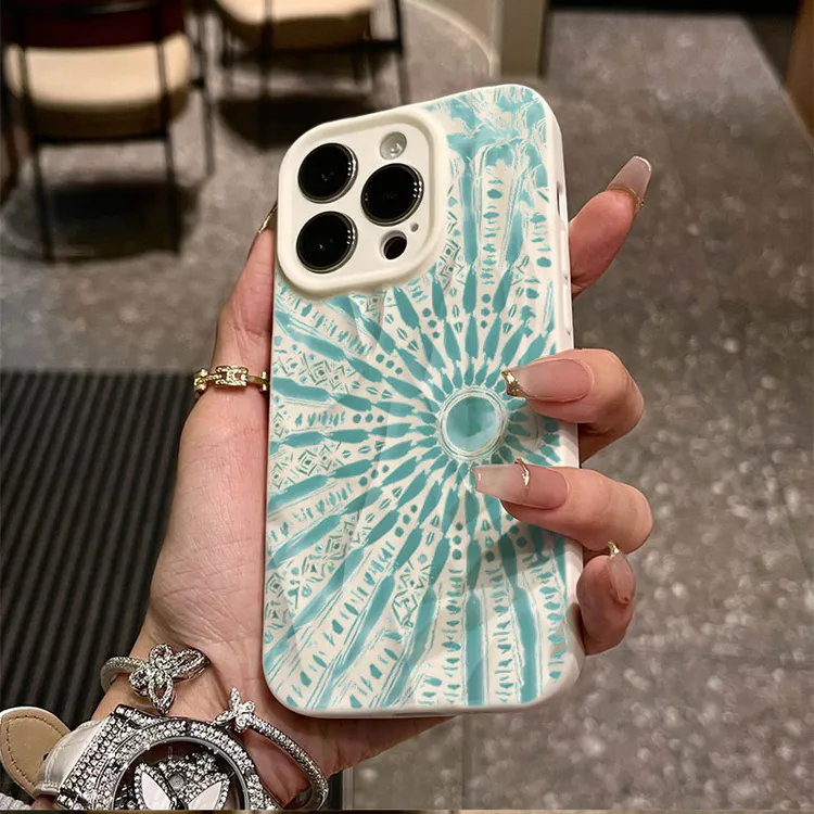 淡青太阳图腾适用iphone16苹果15pro手机壳14plus褶皱13磨砂12/11