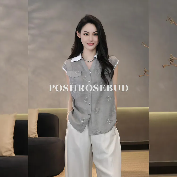 POSHROSEBUD设计师亚麻暗纹提花刺绣翻领排扣无袖上衣衫-A10155