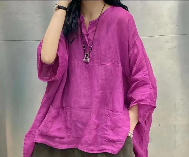 夏季砂洗做旧微透苎麻宽松舒适短袖