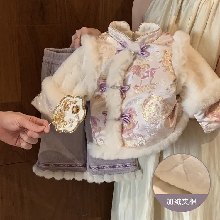 小沐沐女童拜年服套装2026新款冬小童女宝宝国风两件套新年周岁