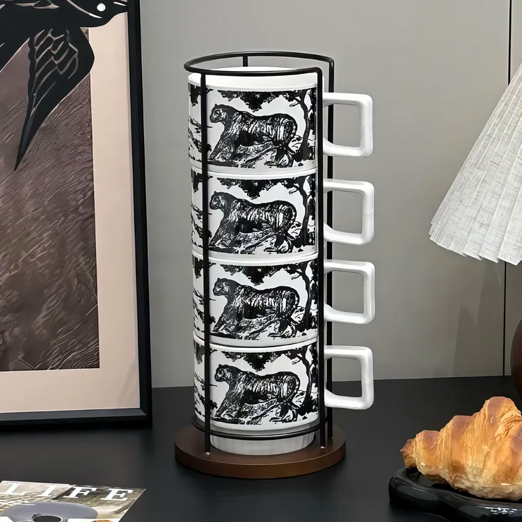 精致马克叠叠杯家用客厅杯子套装陶瓷喝水杯一体架高档创意咖啡杯