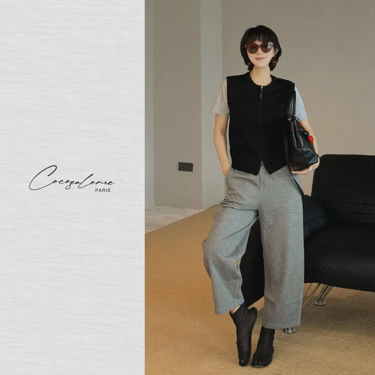 韩彬彬"50°灰"老钱风松弛感休闲裤女松紧腰垂感百搭九分裤2318-2