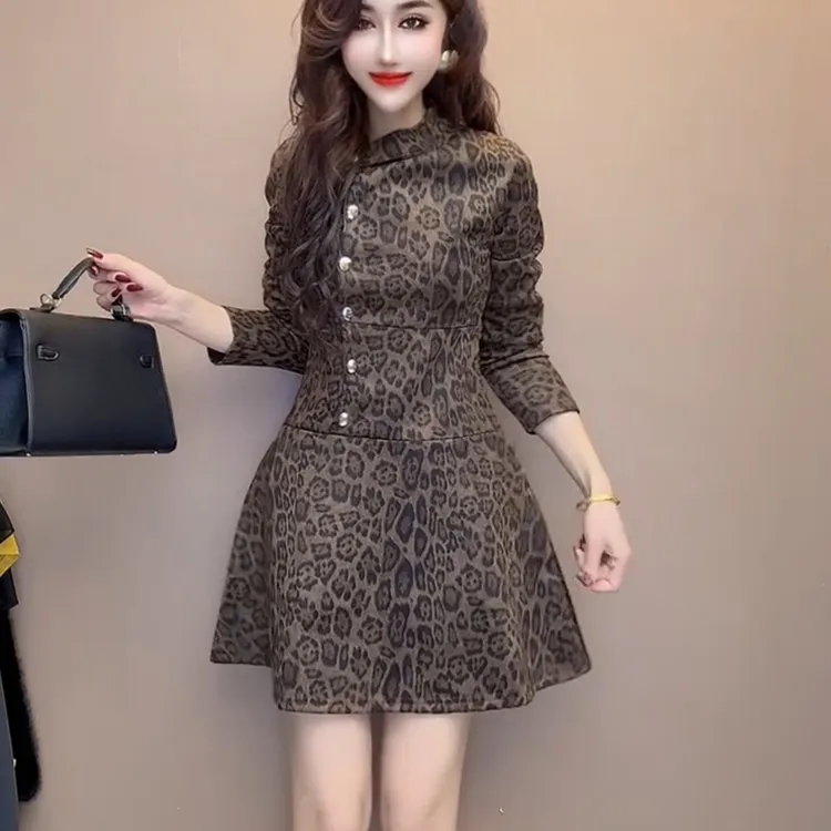 秋季新款时尚洋气百搭复古豹纹外套百褶裙套装女