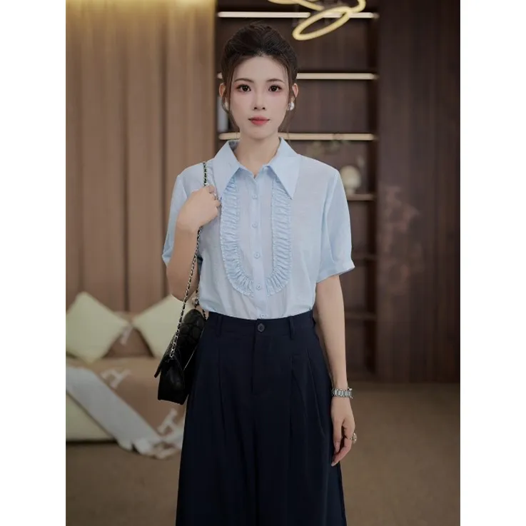 TITI定制【晨曦花烬】轻奢气质纯色短袖衬衫宽松显瘦上衣TL3905006