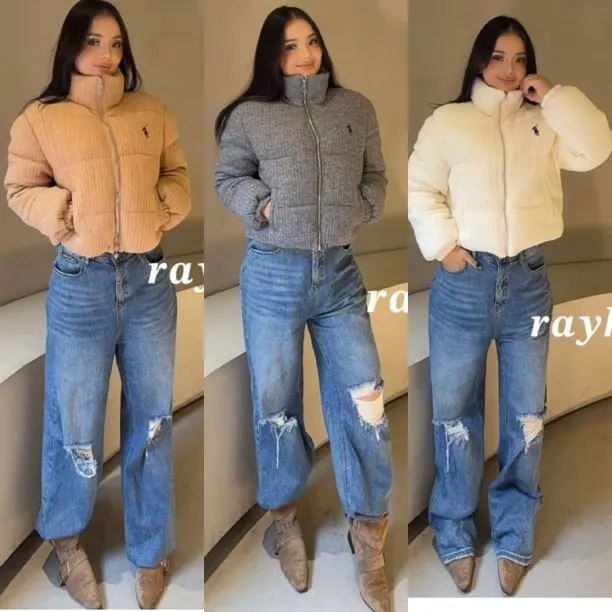 Rayhon冬季拼接大翻领短款加厚白鸭绒面包服外套女