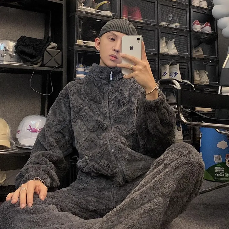 灰色拉链珊瑚绒加绒加厚睡衣秋冬季男款爆款2025新款家居服套装