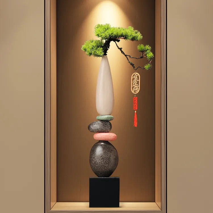 新中式入户玄关造景迎客松石来运转花瓶大摆件客厅竖高细长装饰品