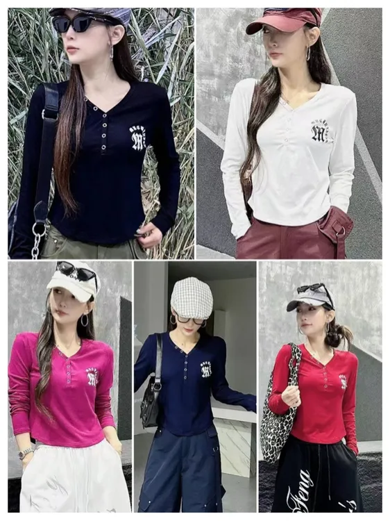 DD春秋新品V领弹力棉修身T恤3912