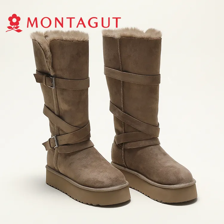 Montagut/梦特娇厚底雪地靴女2025冬新款加厚保暖长筒加绒高筒靴