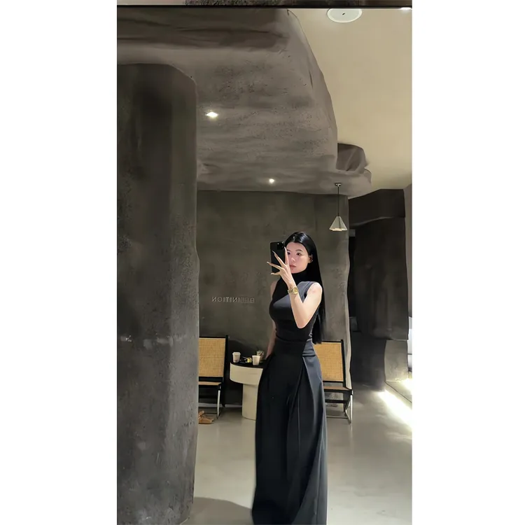美式小吊带背心外穿半高领内搭紧身无袖上衣阔腿裤直筒裤日常小众