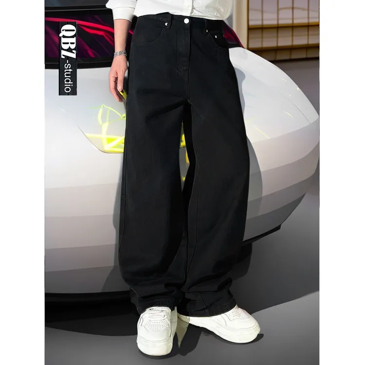 巴黎黑色宽松阔腿牛仔裤男款大直筒垂感高级堆叠纯色重磅休闲裤子