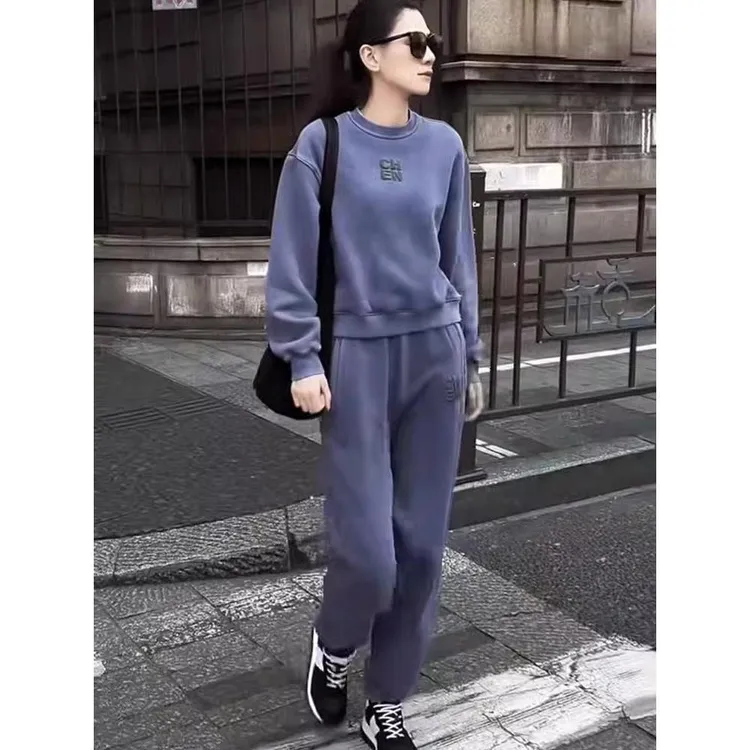 欧货休闲运动套装女春秋2025新款时尚洋气炸街圆领卫衣卫裤两件套