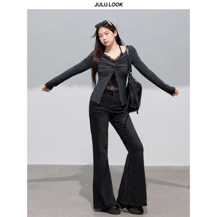 巨鹿工作室“柔和朦胧”微胖mm假两件辣妹蕾丝上衣牛仔裤大码套装