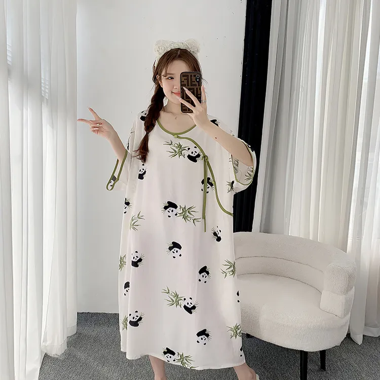夏季加大码胖MM200斤棉绸睡裙新国风加长宽松孕妇加肥轻薄款睡衣
