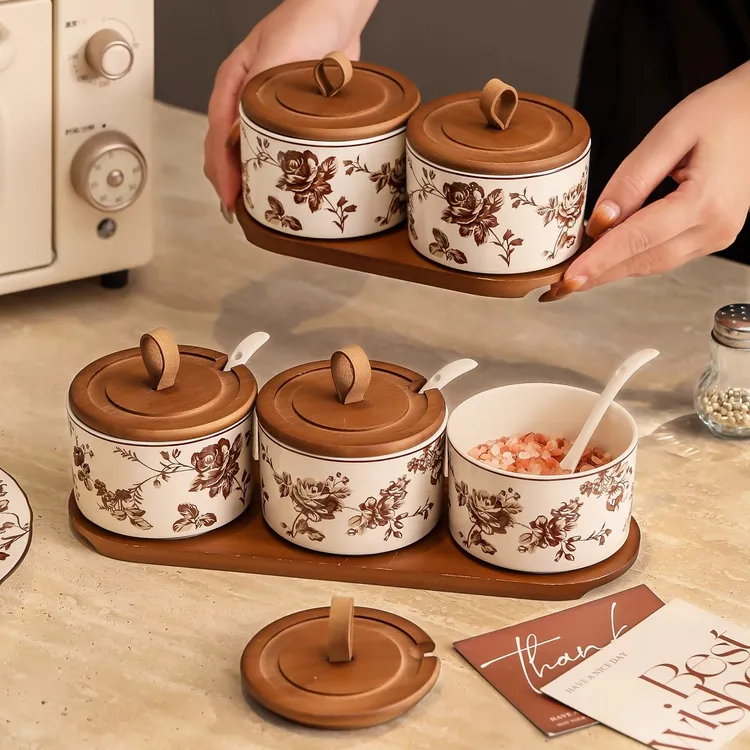 漫时光法式复古花野玫瑰调味罐套装陶瓷带盖厨房调料品收纳礼盒装