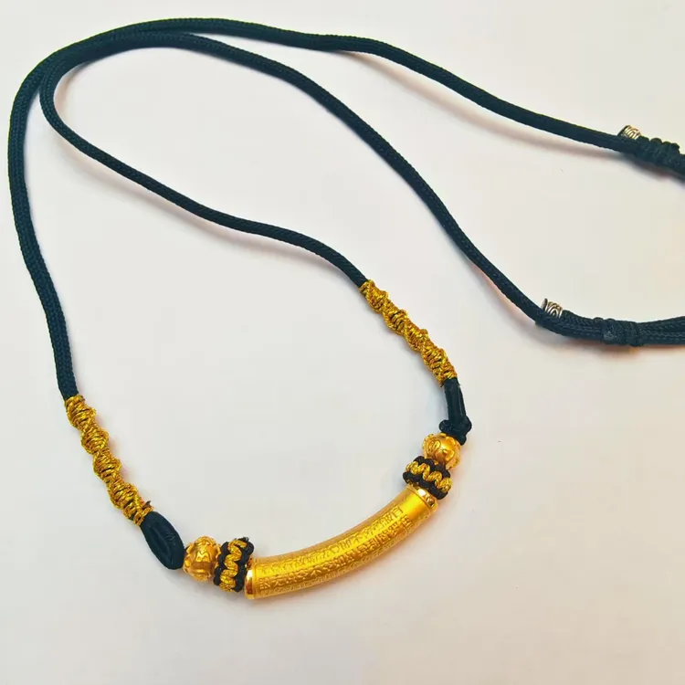 83#足金999黄金 5D硬金工艺 心经弯管配六字箴言金珠黑绳编织