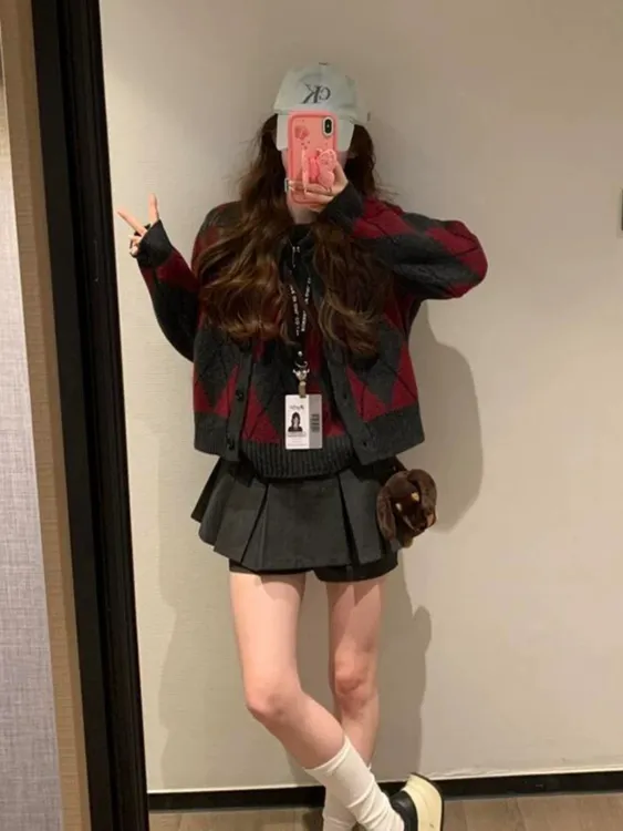 菱格毛衣开衫外套无袖马甲背心套装女秋冬季新款学院风针织两件套