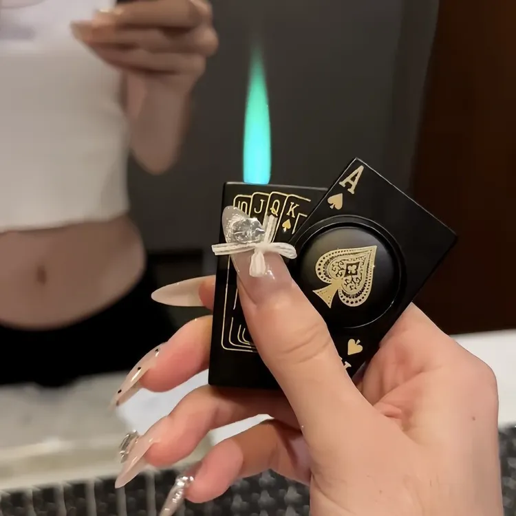 【新款】创意旋转麻将扑克防风网红绿焰直冲打火机解压送男友礼物