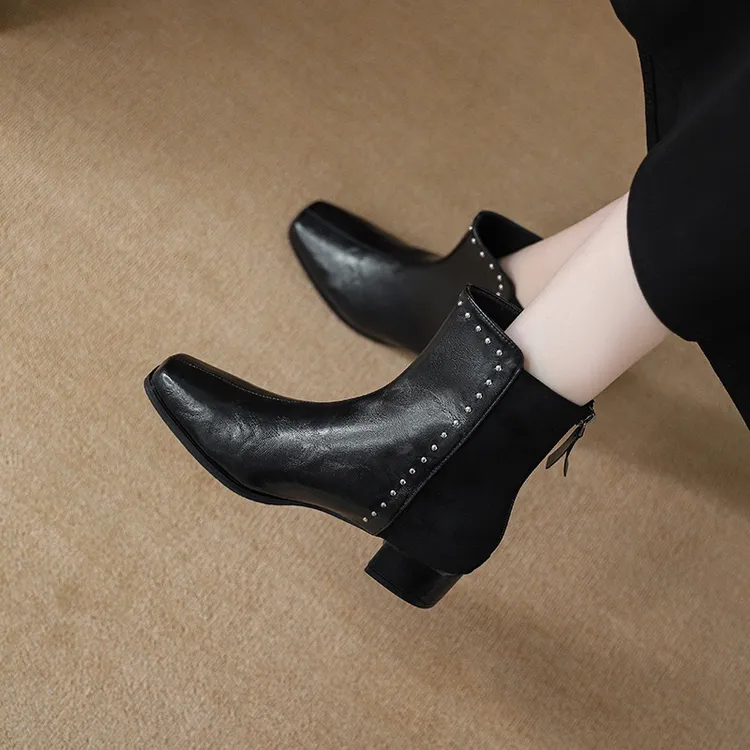 短靴单靴秋冬时尚短靴百搭中跟牛皮瘦瘦靴高跟方头阔腿裤必备鞋