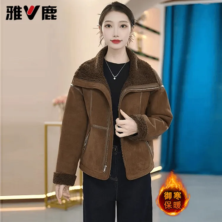 雅鹿时尚加厚保暖显瘦休闲翻领短款外套2025冬季新款外套
