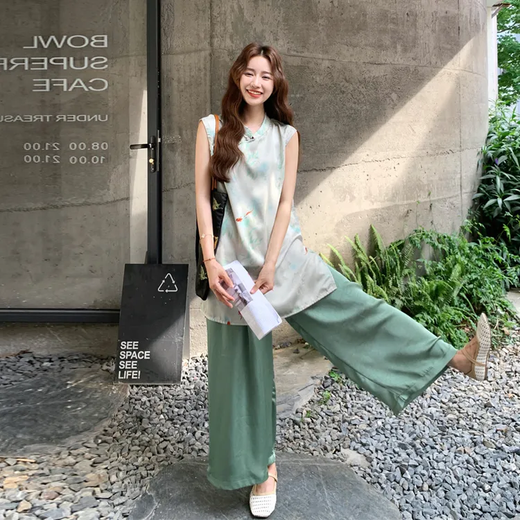 国风新中式套装裤女2025夏季新款优雅气质无袖旗袍式上衣阔腿裙裤