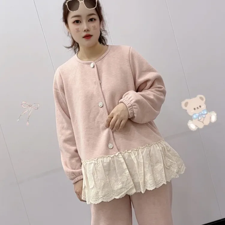 加绒蕾丝宽松显瘦保暖甜美风可外穿家居服套装