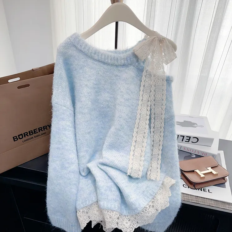 甜美蕾丝花边蝴蝶结针织衫女长袖慵懒风宽松毛衣小众休闲衣服秋冬