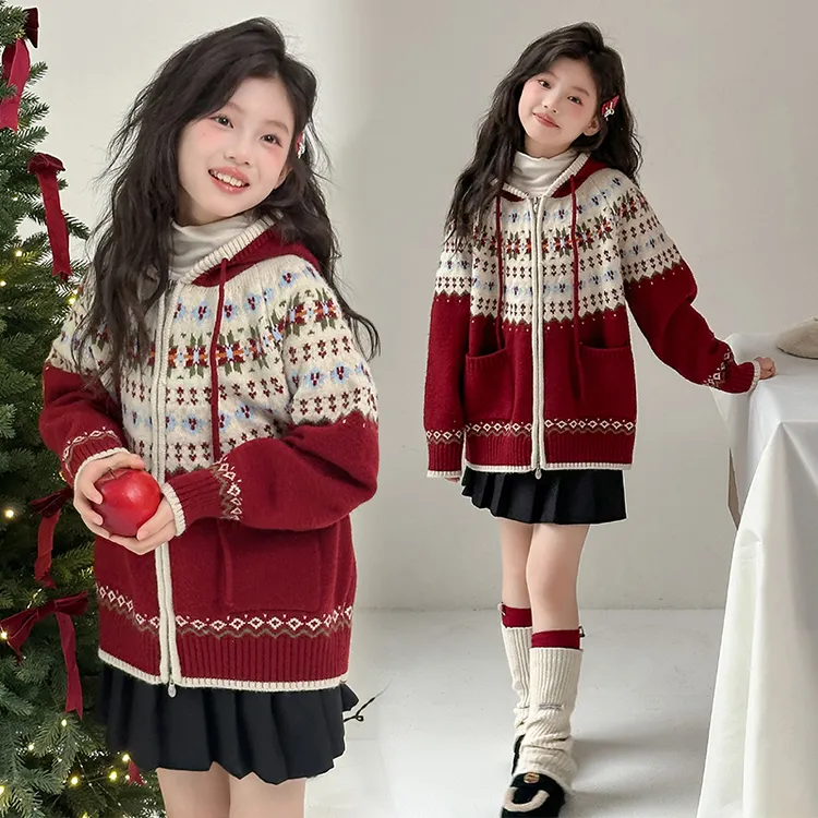 女童秋冬款红色连帽加厚开衫毛衣针织衫中大童新年儿童冬装上衣潮