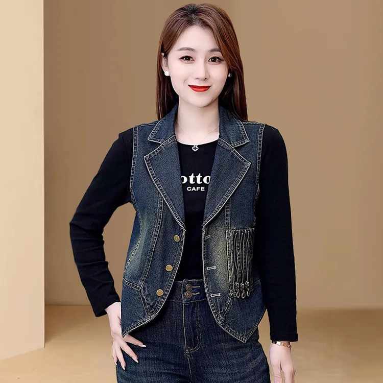 高含棉设计感简约牛仔马夹女2025年春季新款坎肩西装领百搭上衣潮