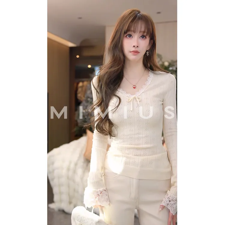 【mimius】P 蕾丝花边蝴蝶结小V领修身打底衫 WG11162