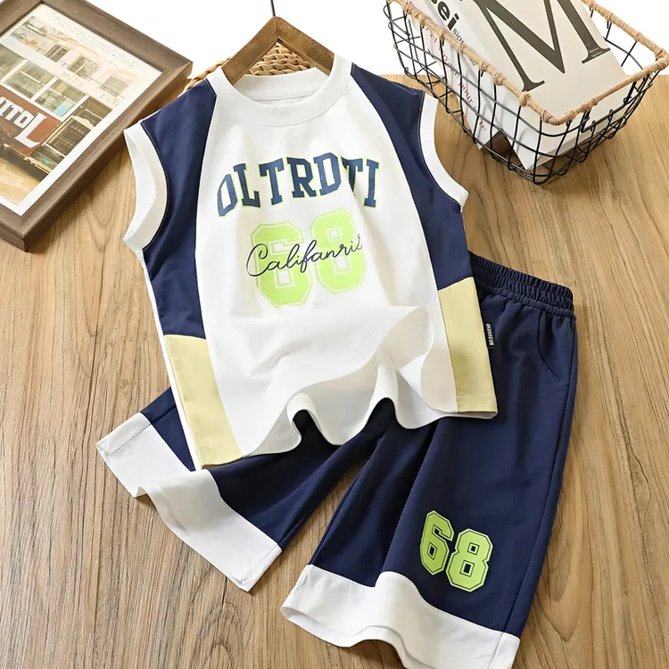 男童夏季新款运动款拼接字母背心套装中大童帅气百搭两件套装6287