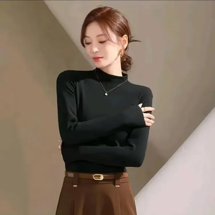 单/两件莫代尔螺纹半高领打底衫女新款秋冬简约洋气中领打底衫女T