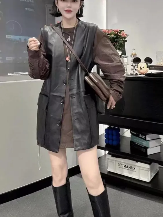 欧货新款真皮马甲女春秋季时尚女百搭中长款显瘦皮衣马夹外套潮