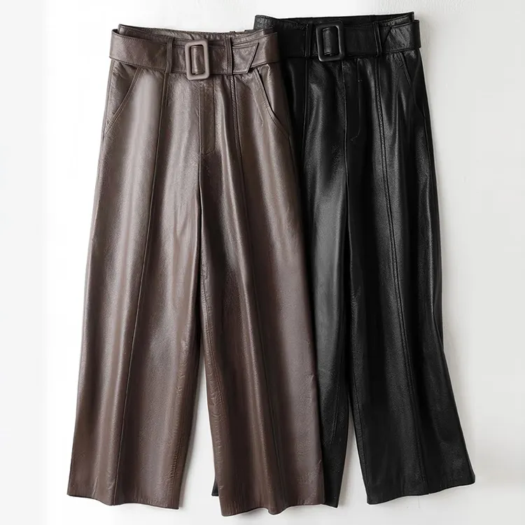 真皮阔腿裤女2025秋冬新款真皮皮裤女高腰腰带显瘦加绒九分阔腿裤气质休闲长裤