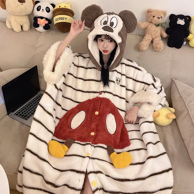 芯语婷秋冬季新款可爱米奇法兰绒睡袍女加厚保暖卡通可外穿家居服