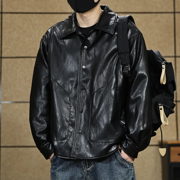 翻领PU皮衣外套男士秋季青少年潮流机车炸街痞帅百搭休闲宽松夹克