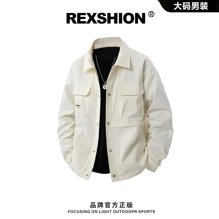 REXSHION秋季新款肌理感翻领工装夹克男日系复古潮流休闲宽松外套