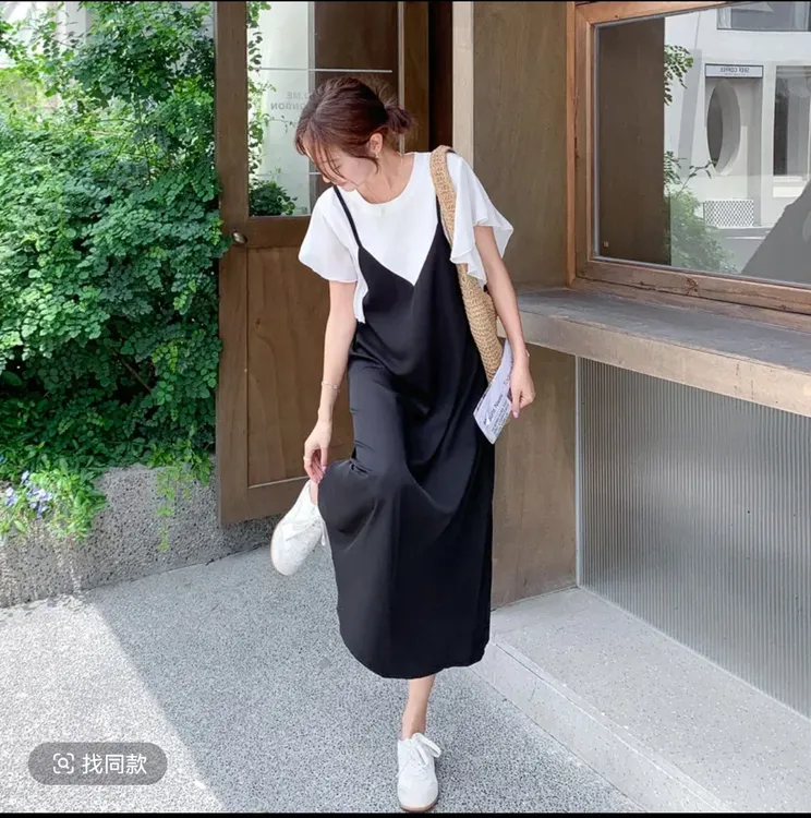 2025孕妇装夏季假两件拼接简约大方遮肉显瘦百搭孕妇连衣裙中长款