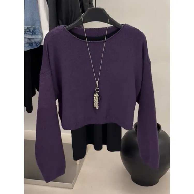 美爆了！CHAO推荐！浪漫紫色针织衫套头短款毛衣女宽松显瘦长袖上衣